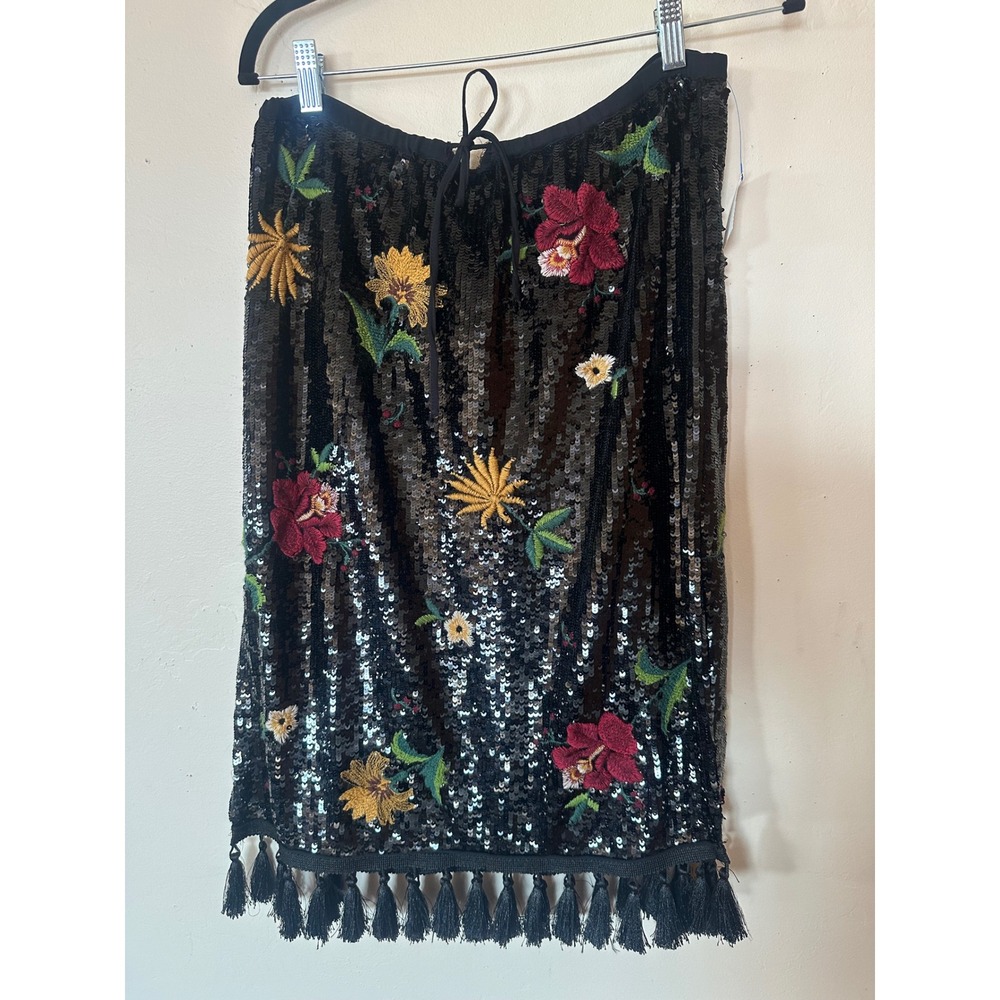 Floral Embroidered Sequin Tassel Skirt Black Boho Festival Midi Skirt